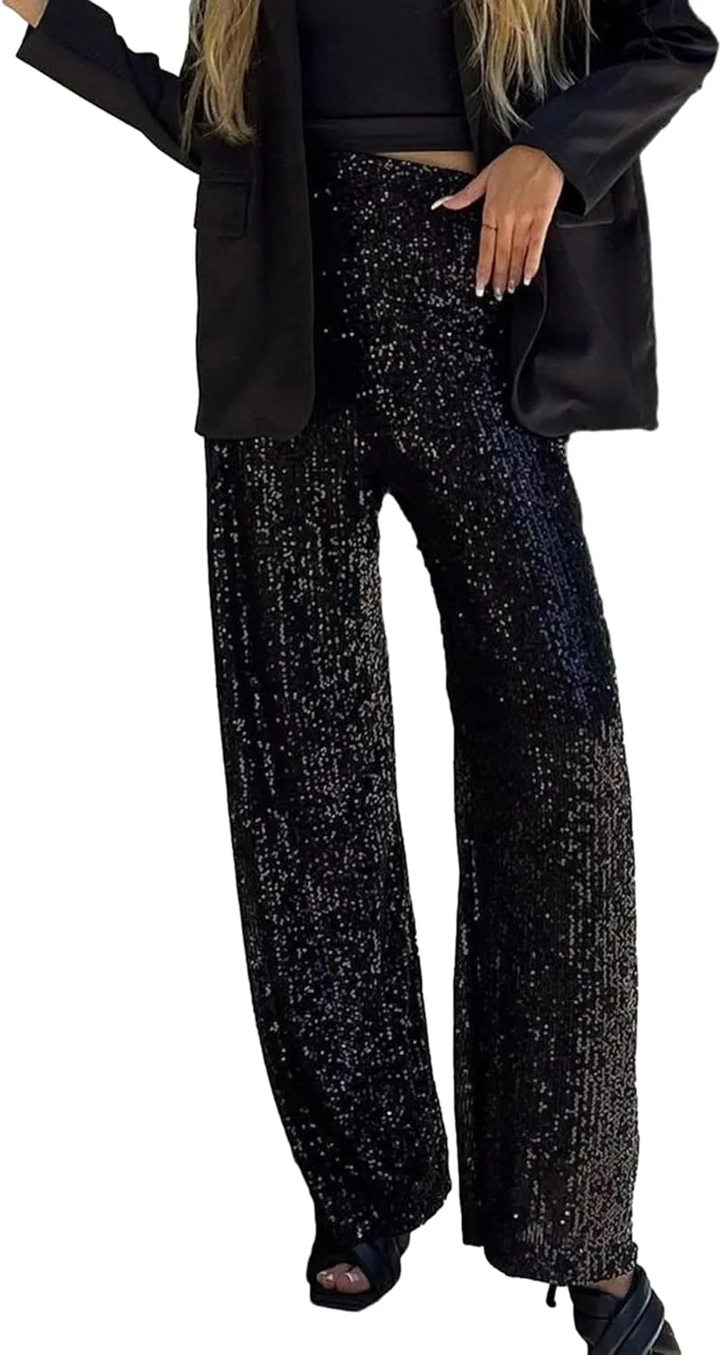 NUFIWI Women Sequin Glitter High Waist Pants Sparkly Shiny Bell Bottom Pants Elastic Loose Flare Bling Trousers