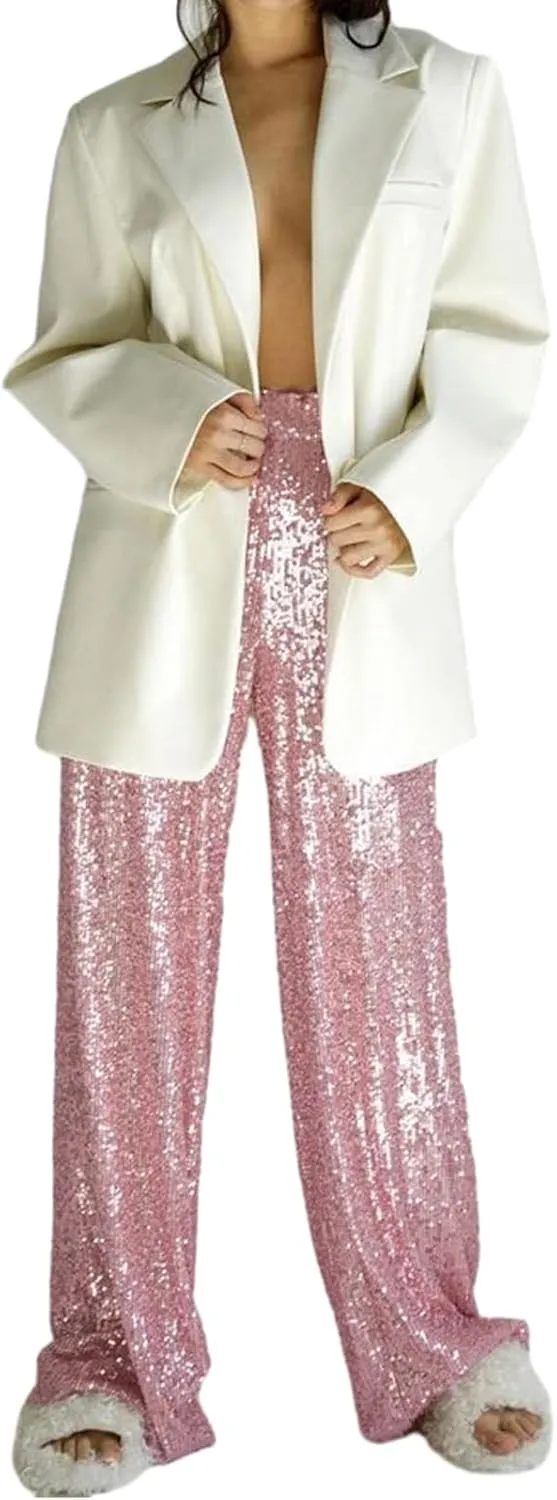 NUFIWI Women Sequin Glitter High Waist Pants Sparkly Shiny Bell Bottom Pants Elastic Loose Flare Bling Trousers
