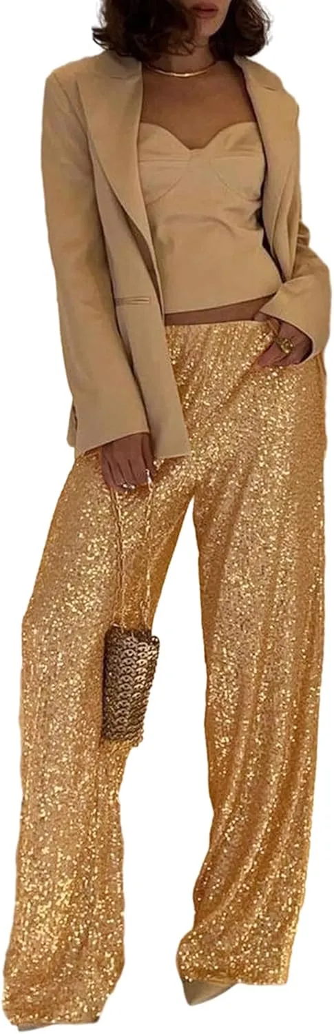NUFIWI Women Sequin Glitter High Waist Pants Sparkly Shiny Bell Bottom Pants Elastic Loose Flare Bling Trousers
