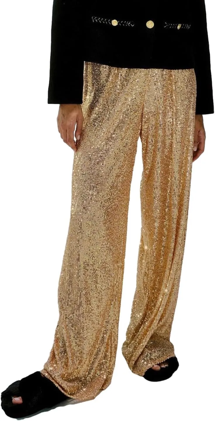 NUFIWI Women Sequin Glitter High Waist Pants Sparkly Shiny Bell Bottom Pants Elastic Loose Flare Bling Trousers
