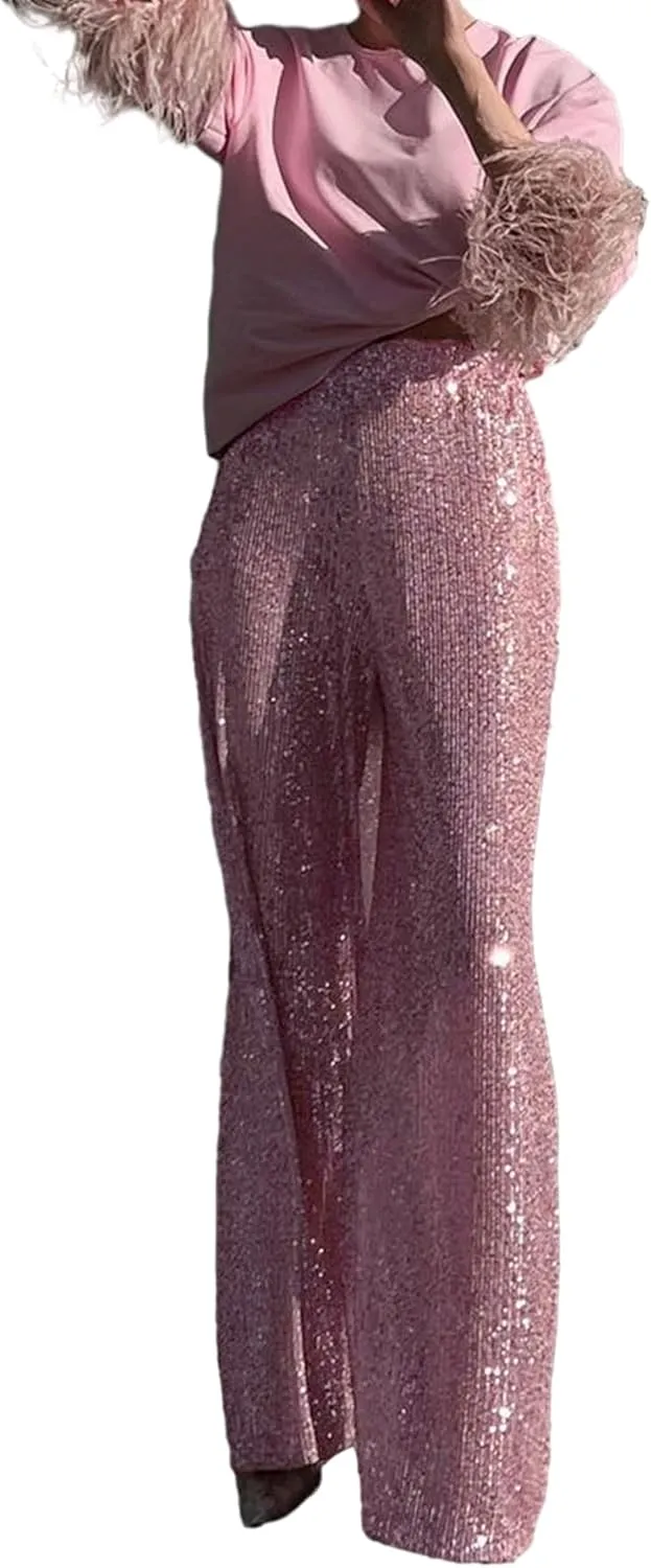 NUFIWI Women Sequin Glitter High Waist Pants Sparkly Shiny Bell Bottom Pants Elastic Loose Flare Bling Trousers