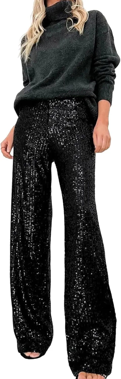 NUFIWI Women Sequin Glitter High Waist Pants Sparkly Shiny Bell Bottom Pants Elastic Loose Flare Bling Trousers