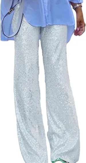 NUFIWI Women Sequin Glitter High Waist Pants Sparkly Shiny Bell Bottom Pants Elastic Loose Flare Bling Trousers