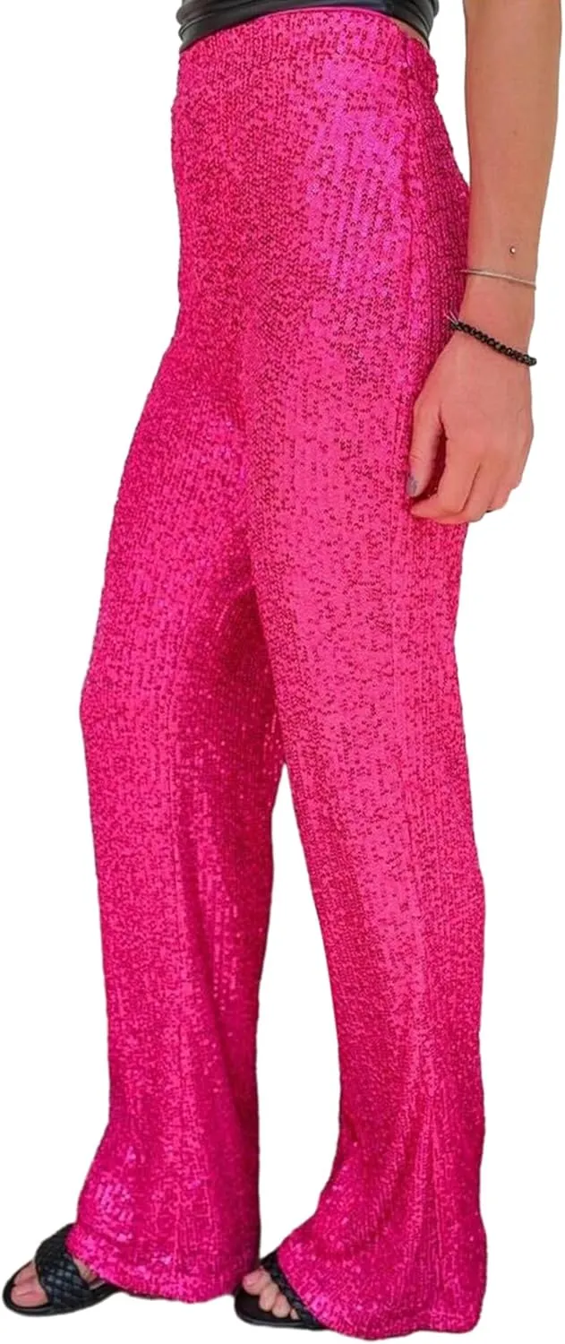 NUFIWI Women Sequin Glitter High Waist Pants Sparkly Shiny Bell Bottom Pants Elastic Loose Flare Bling Trousers