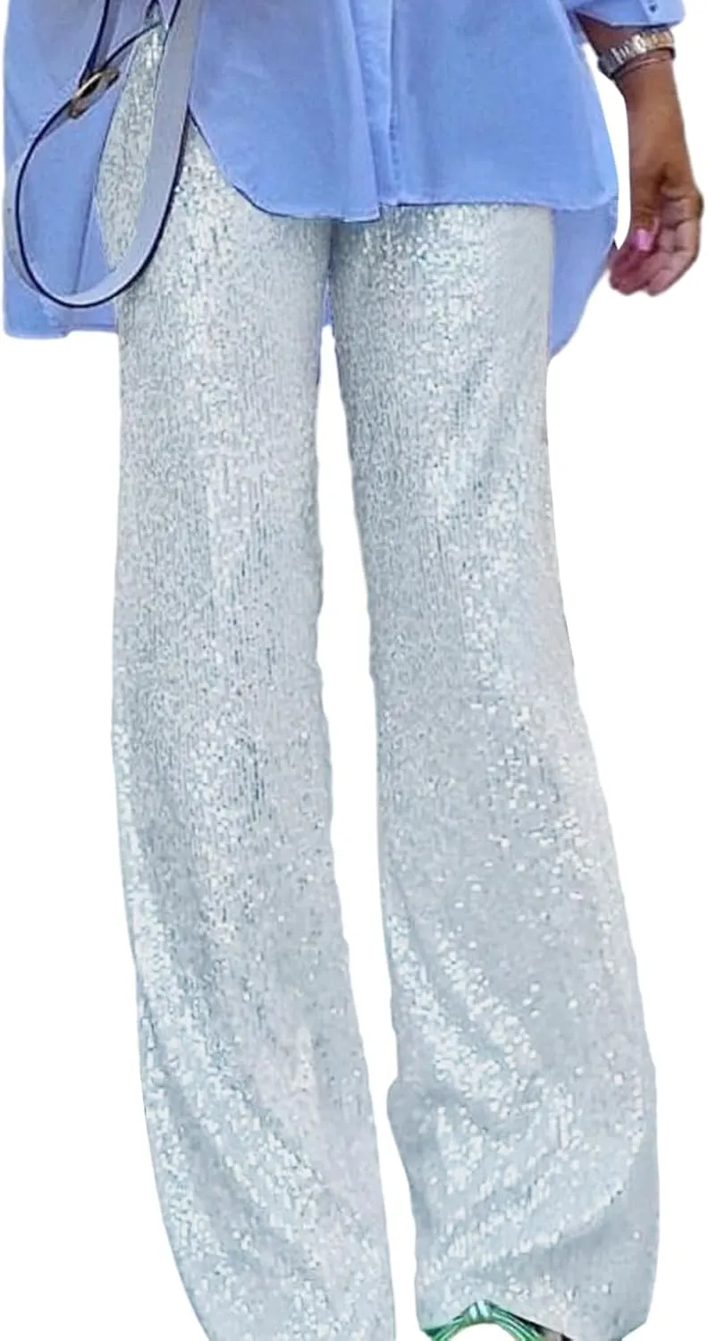 NUFIWI Women Sequin Glitter High Waist Pants Sparkly Shiny Bell Bottom Pants Elastic Loose Flare Bling Trousers