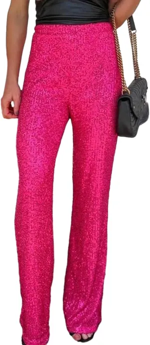 NUFIWI Women Sequin Glitter High Waist Pants Sparkly Shiny Bell Bottom Pants Elastic Loose Flare Bling Trousers