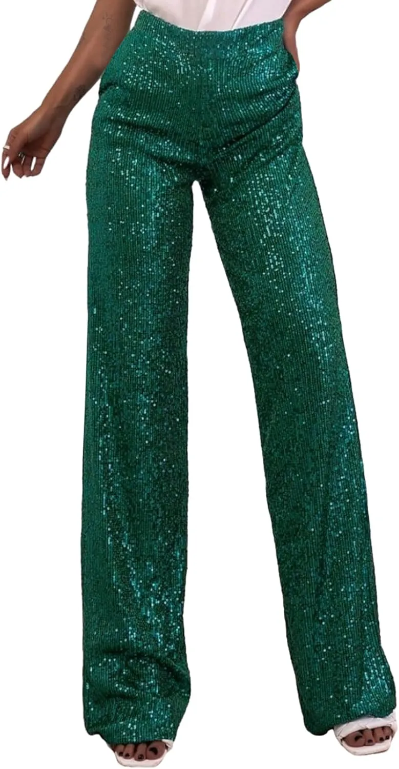 NUFIWI Women Sequin Glitter High Waist Pants Sparkly Shiny Bell Bottom Pants Elastic Loose Flare Bling Trousers