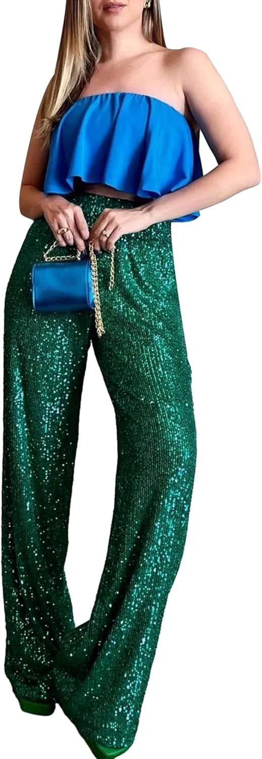 NUFIWI Women Sequin Glitter High Waist Pants Sparkly Shiny Bell Bottom Pants Elastic Loose Flare Bling Trousers