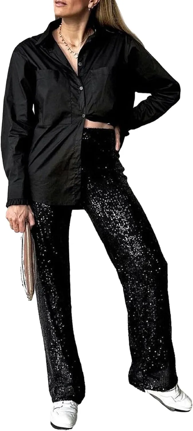 NUFIWI Women Sequin Glitter High Waist Pants Sparkly Shiny Bell Bottom Pants Elastic Loose Flare Bling Trousers