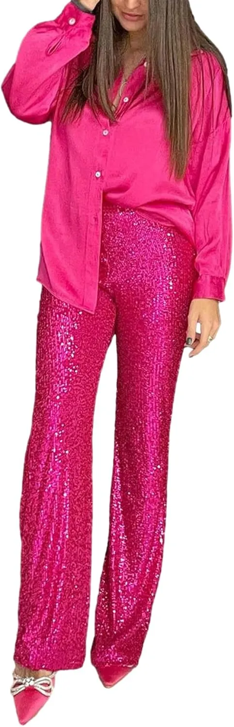 NUFIWI Women Sequin Glitter High Waist Pants Sparkly Shiny Bell Bottom Pants Elastic Loose Flare Bling Trousers