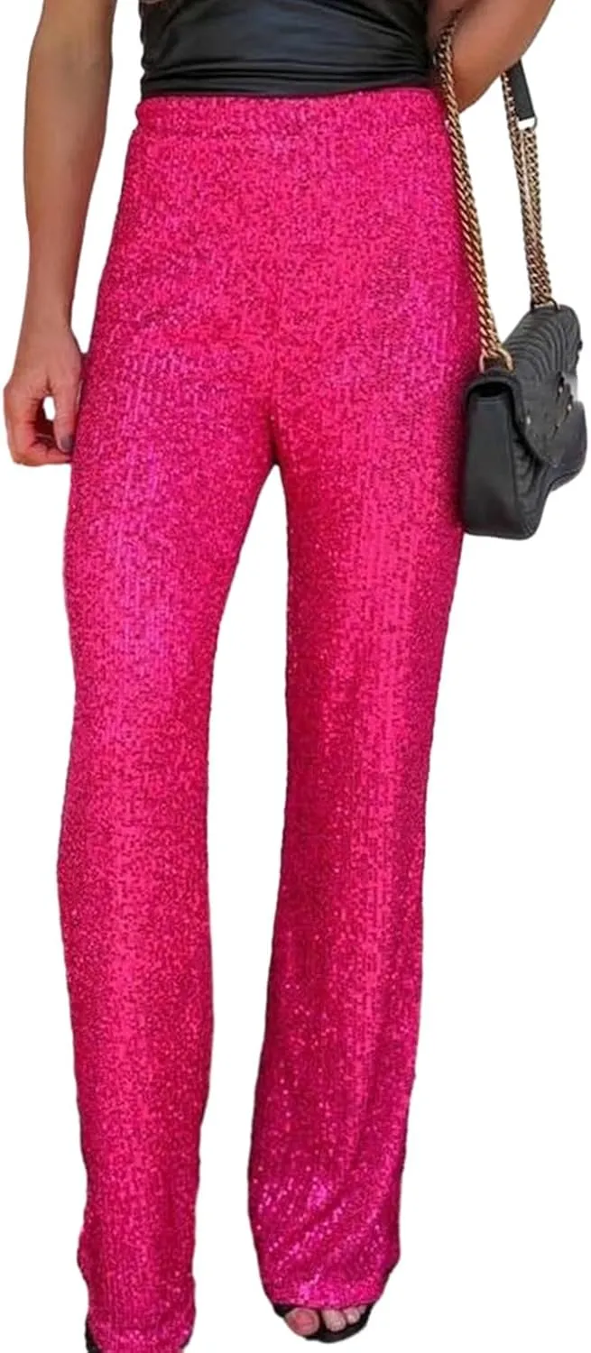 NUFIWI Women Sequin Glitter High Waist Pants Sparkly Shiny Bell Bottom Pants Elastic Loose Flare Bling Trousers