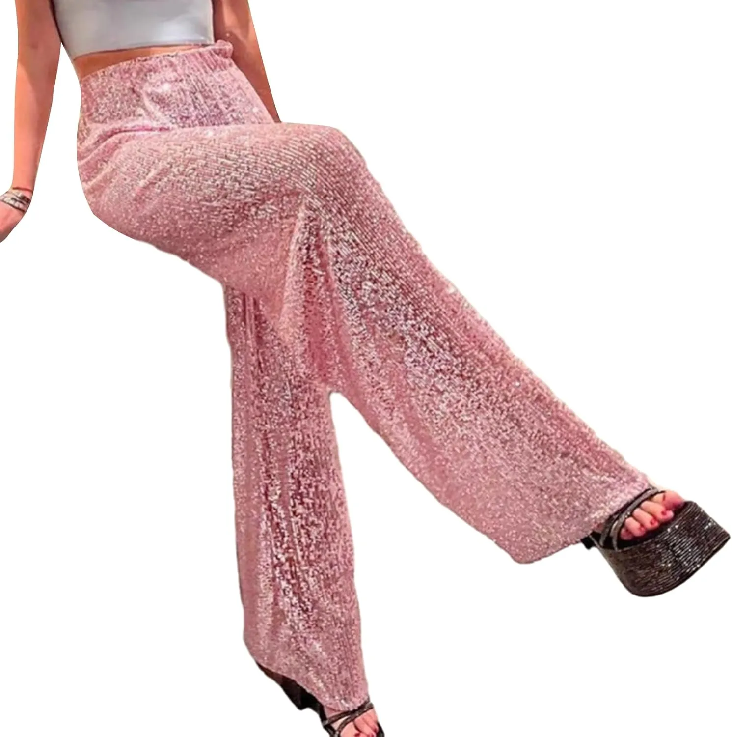NUFIWI Women Sequin Glitter High Waist Pants Sparkly Shiny Bell Bottom Pants Elastic Loose Flare Bling Trousers
