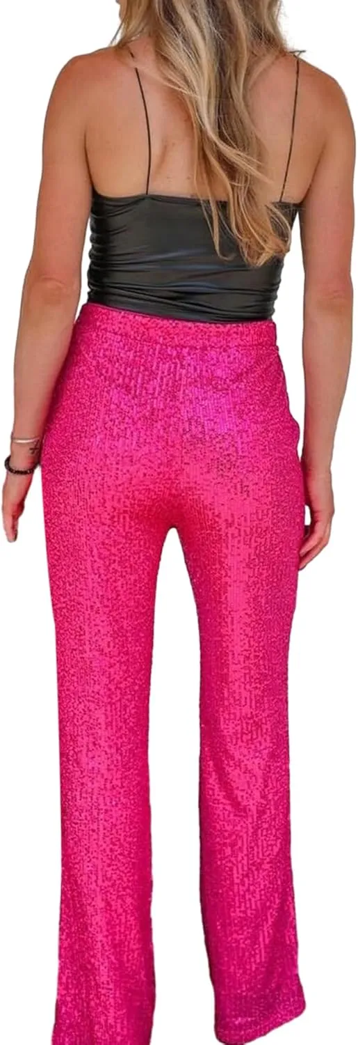 NUFIWI Women Sequin Glitter High Waist Pants Sparkly Shiny Bell Bottom Pants Elastic Loose Flare Bling Trousers