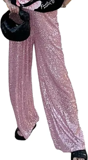 NUFIWI Women Sequin Glitter High Waist Pants Sparkly Shiny Bell Bottom Pants Elastic Loose Flare Bling Trousers