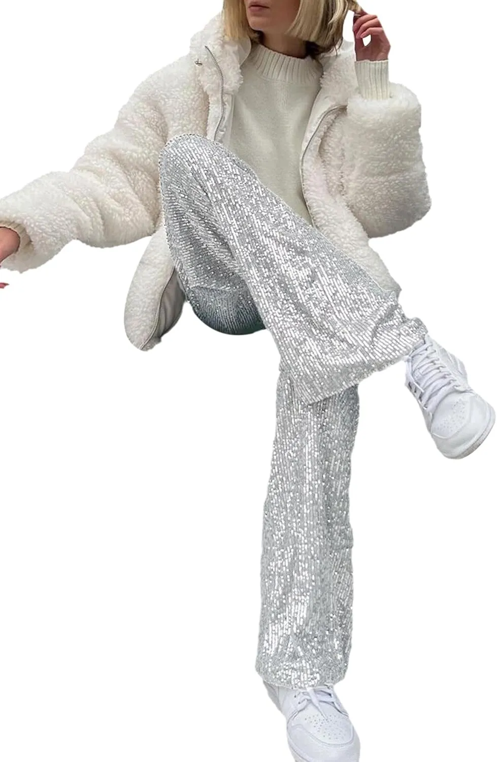 NUFIWI Women Sequin Glitter High Waist Pants Sparkly Shiny Bell Bottom Pants Elastic Loose Flare Bling Trousers