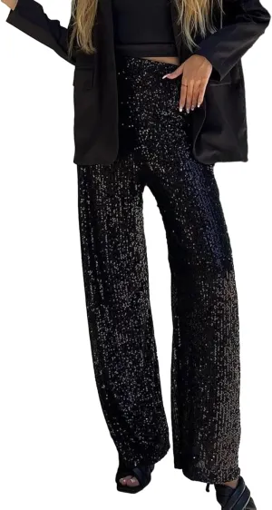 NUFIWI Women Sequin Glitter High Waist Pants Sparkly Shiny Bell Bottom Pants Elastic Loose Flare Bling Trousers