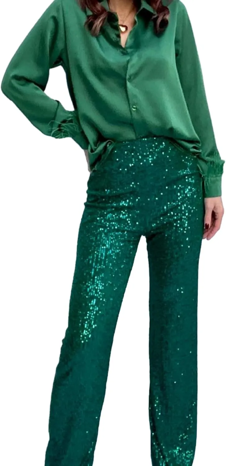 NUFIWI Women Sequin Glitter High Waist Pants Sparkly Shiny Bell Bottom Pants Elastic Loose Flare Bling Trousers