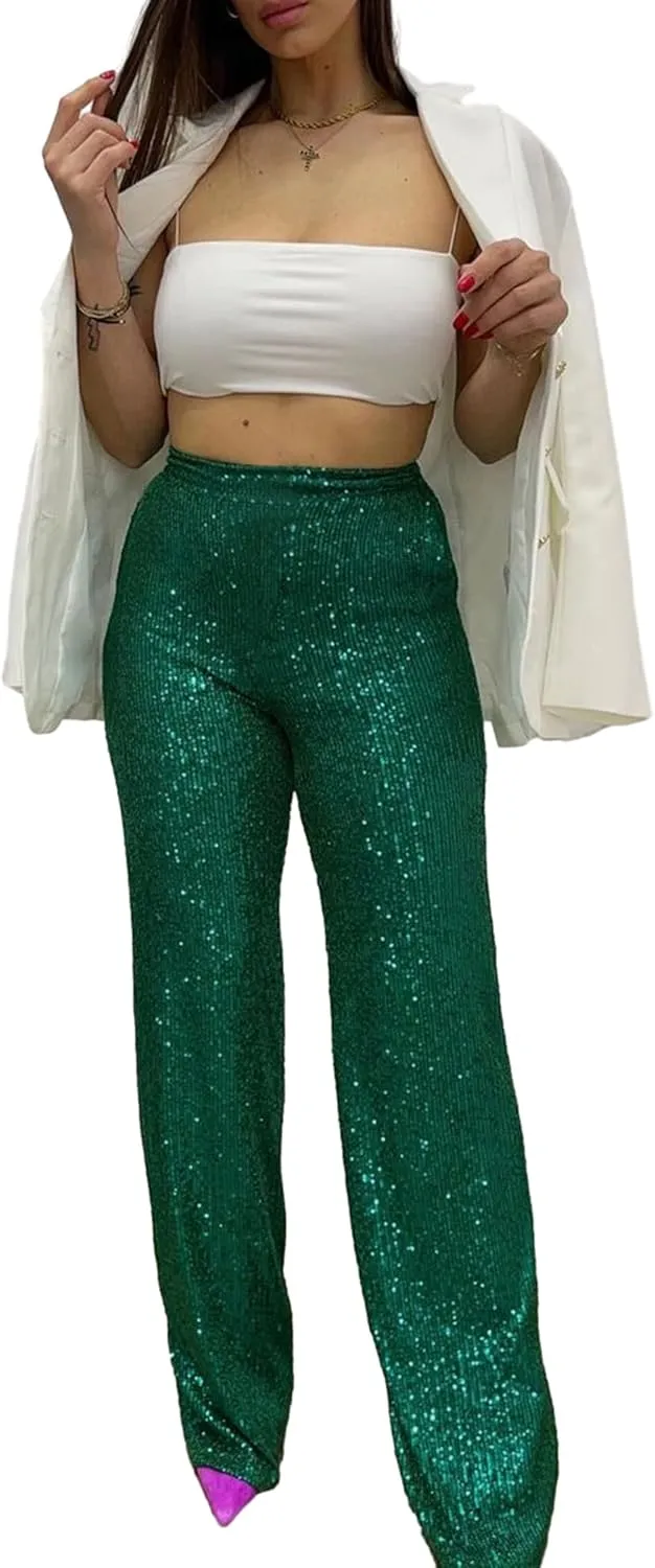 NUFIWI Women Sequin Glitter High Waist Pants Sparkly Shiny Bell Bottom Pants Elastic Loose Flare Bling Trousers