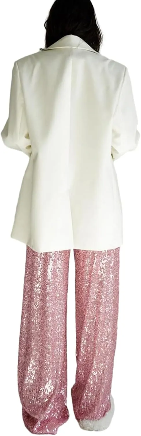 NUFIWI Women Sequin Glitter High Waist Pants Sparkly Shiny Bell Bottom Pants Elastic Loose Flare Bling Trousers