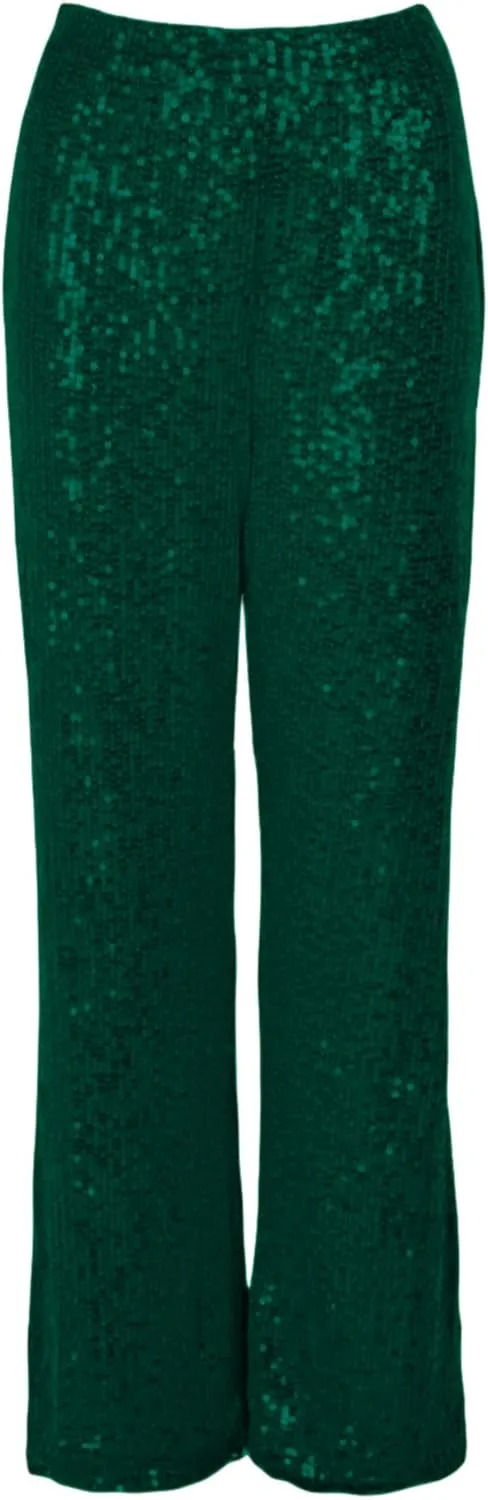 NUFIWI Women Sequin Glitter High Waist Pants Sparkly Shiny Bell Bottom Pants Elastic Loose Flare Bling Trousers