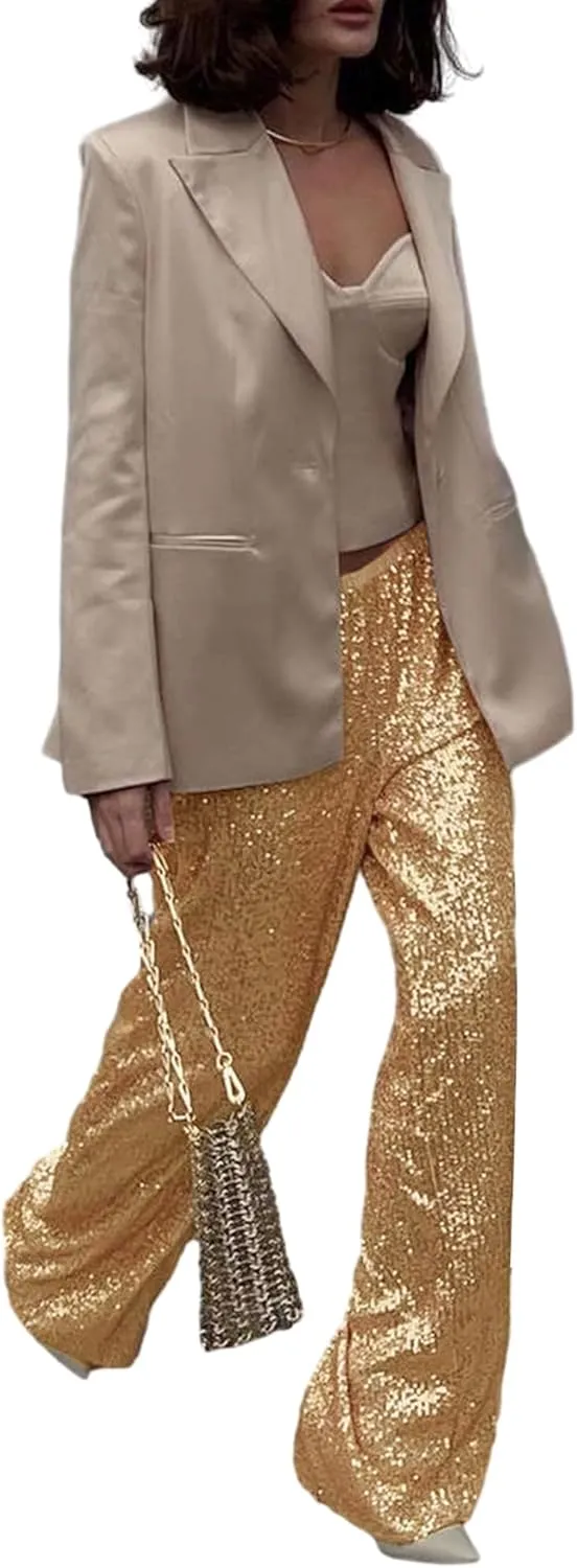 NUFIWI Women Sequin Glitter High Waist Pants Sparkly Shiny Bell Bottom Pants Elastic Loose Flare Bling Trousers