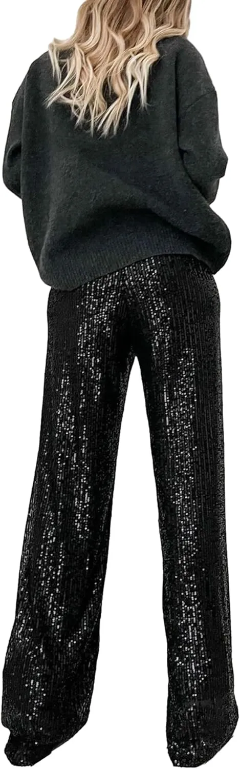 NUFIWI Women Sequin Glitter High Waist Pants Sparkly Shiny Bell Bottom Pants Elastic Loose Flare Bling Trousers