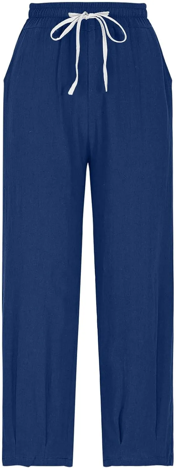 Oplxuo Summer Linen Pants for Women Wide Leg Boho Pants Cotton Loose Baggy Trousers with Drawstring and Pockets