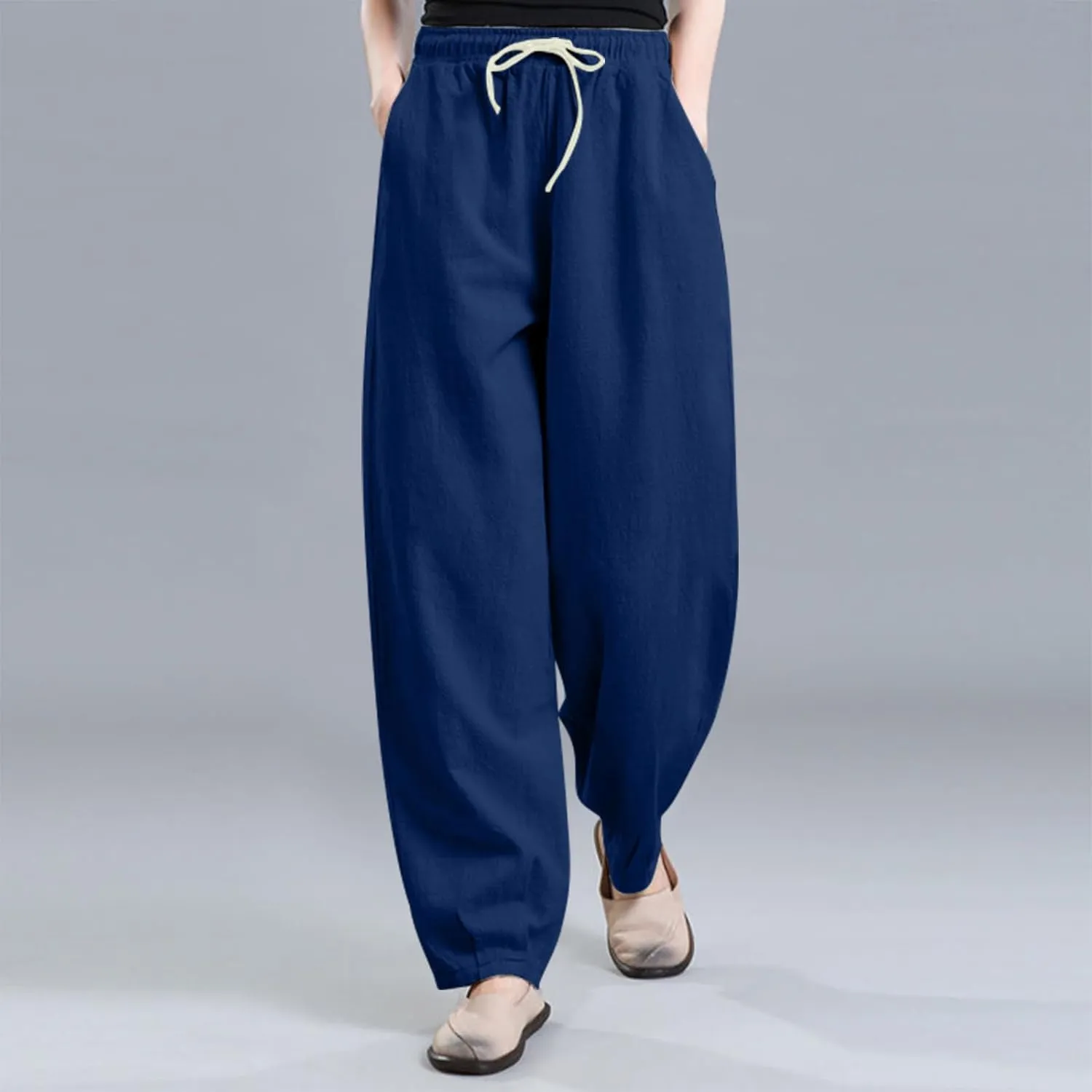 Oplxuo Summer Linen Pants for Women Wide Leg Boho Pants Cotton Loose Baggy Trousers with Drawstring and Pockets