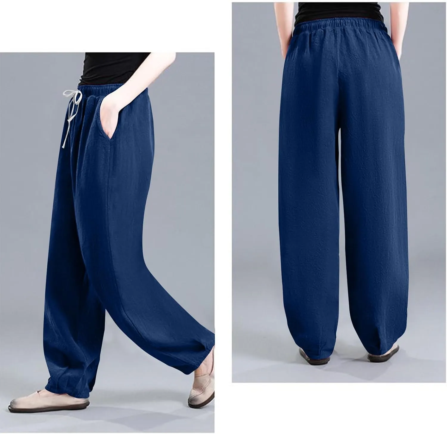 Oplxuo Summer Linen Pants for Women Wide Leg Boho Pants Cotton Loose Baggy Trousers with Drawstring and Pockets
