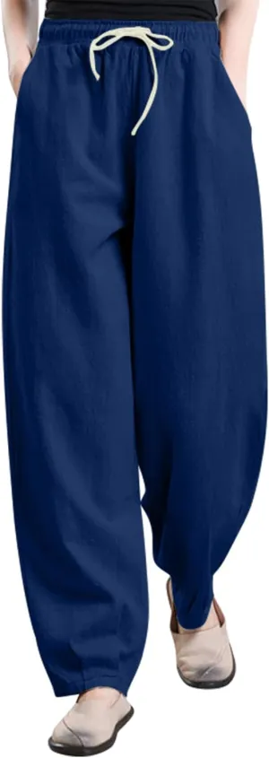 Oplxuo Summer Linen Pants for Women Wide Leg Boho Pants Cotton Loose Baggy Trousers with Drawstring and Pockets