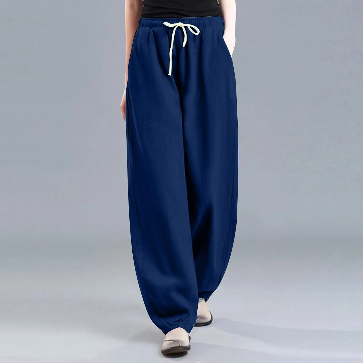 Oplxuo Summer Linen Pants for Women Wide Leg Boho Pants Cotton Loose Baggy Trousers with Drawstring and Pockets