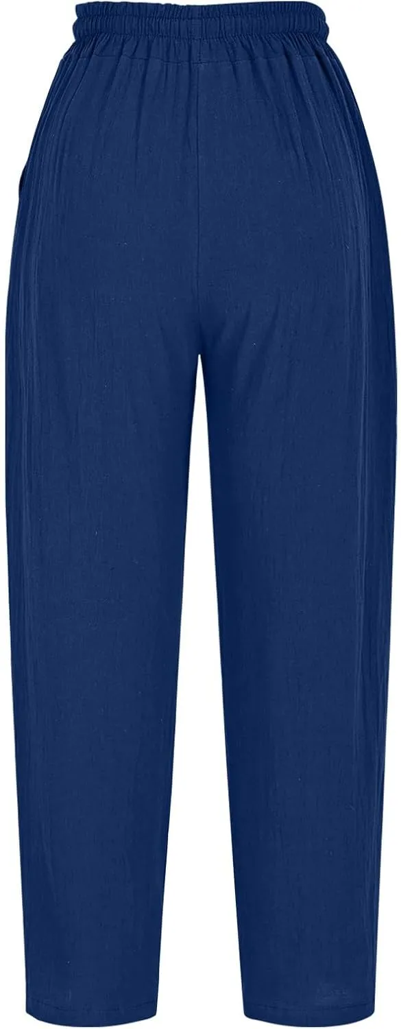 Oplxuo Summer Linen Pants for Women Wide Leg Boho Pants Cotton Loose Baggy Trousers with Drawstring and Pockets