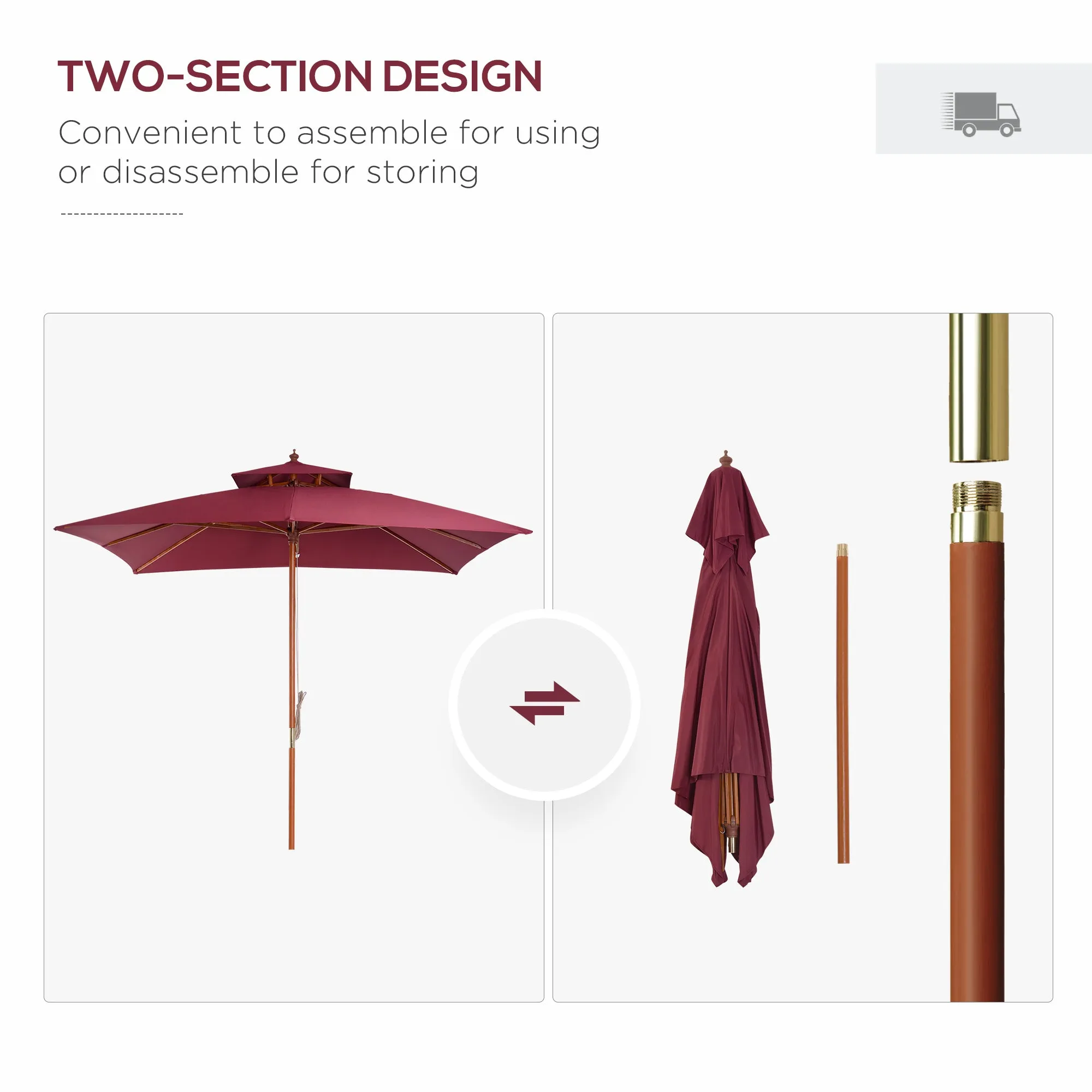 Outsunny 3 x 3(M) Garden Parasol Umbrella Sunshade, Outdoor Wooden Parasol with Double Tier Canopy, Wine Red
