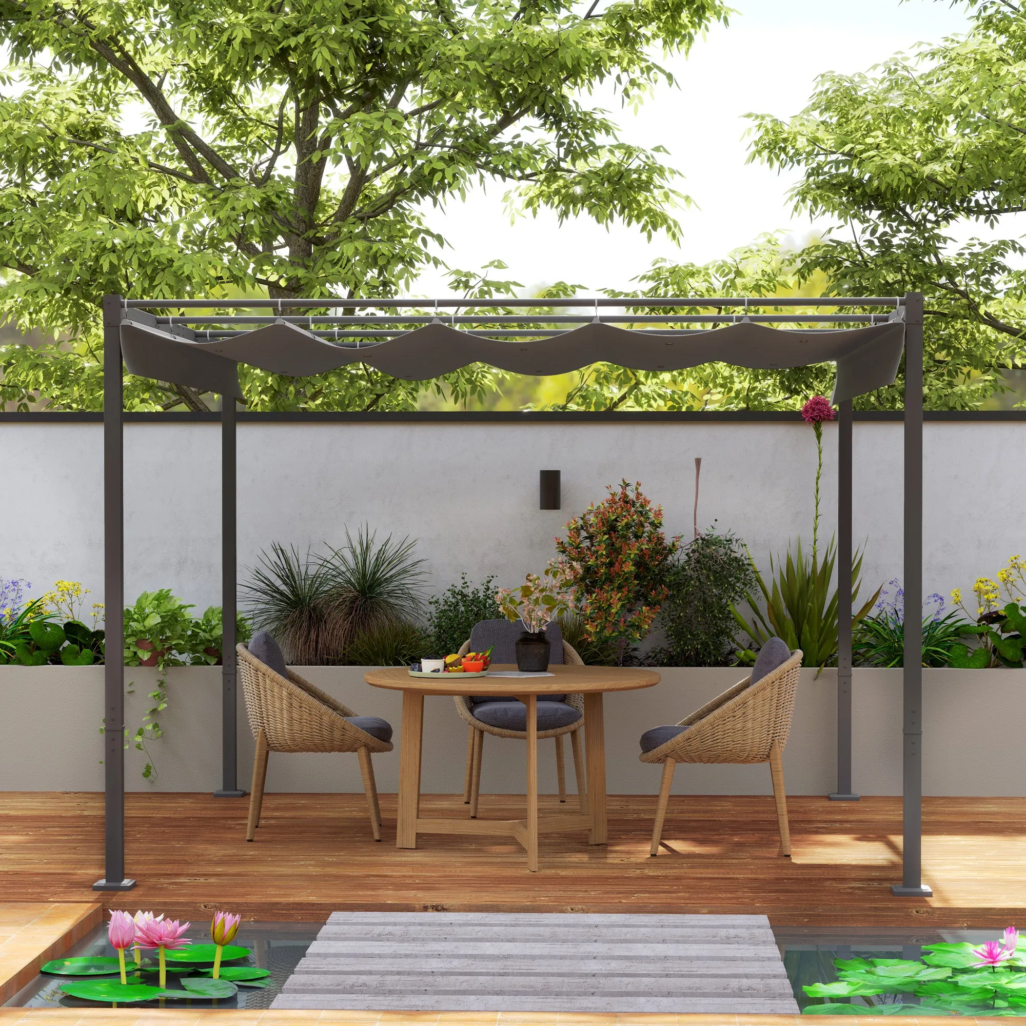 Outsunny 3 x 3(m) Garden Pergola with Retractable Roof and Magnetic Fixture, Outdoor Gazebo Pergola Kit Sun Shade Canopy, UPF30 , Grey