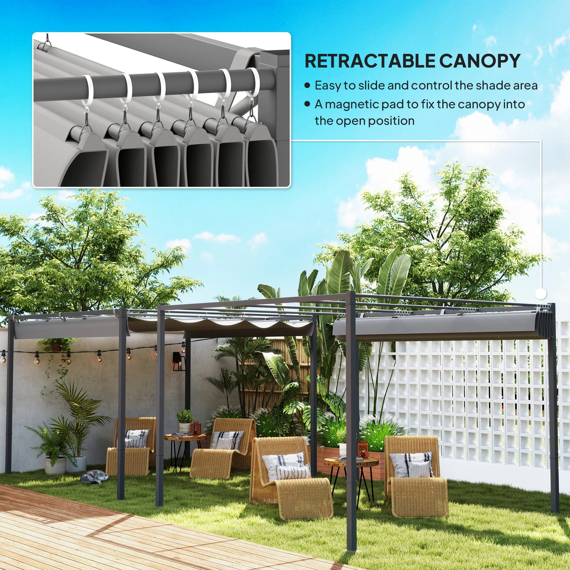 Outsunny 3 x 3(m) Garden Pergola with Retractable Roof and Magnetic Fixture, Outdoor Gazebo Pergola Kit Sun Shade Canopy, UPF30 , Grey