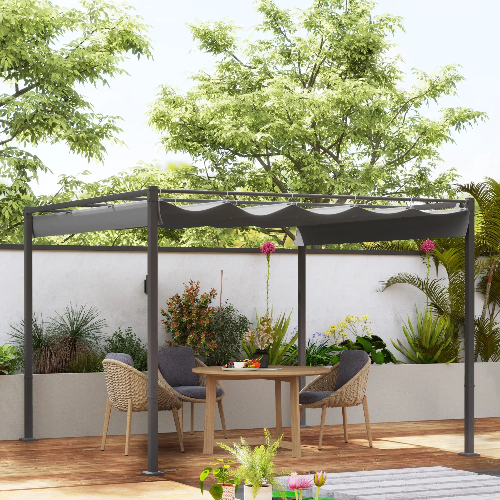 Outsunny 3 x 3(m) Garden Pergola with Retractable Roof and Magnetic Fixture, Outdoor Gazebo Pergola Kit Sun Shade Canopy, UPF30 , Grey