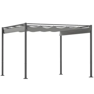 Outsunny 3 x 3(m) Garden Pergola with Retractable Roof and Magnetic Fixture, Outdoor Gazebo Pergola Kit Sun Shade Canopy, UPF30 , Grey