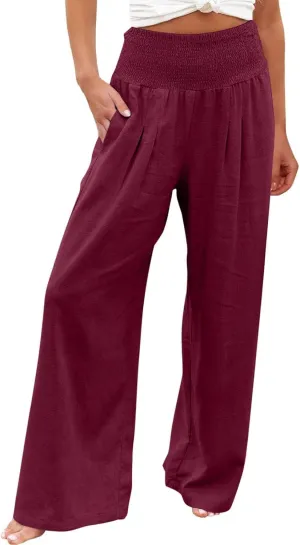 Palazzo Pants for Women Summer High Waist Wide Leg Beach Pant Trendy Casual Loose Lounge Flowy Trousers with Pockets