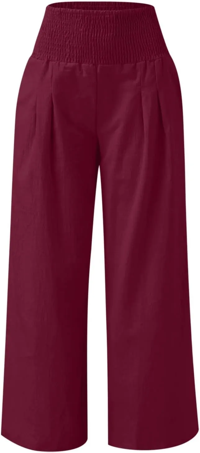 Palazzo Pants for Women Summer High Waist Wide Leg Beach Pant Trendy Casual Loose Lounge Flowy Trousers with Pockets