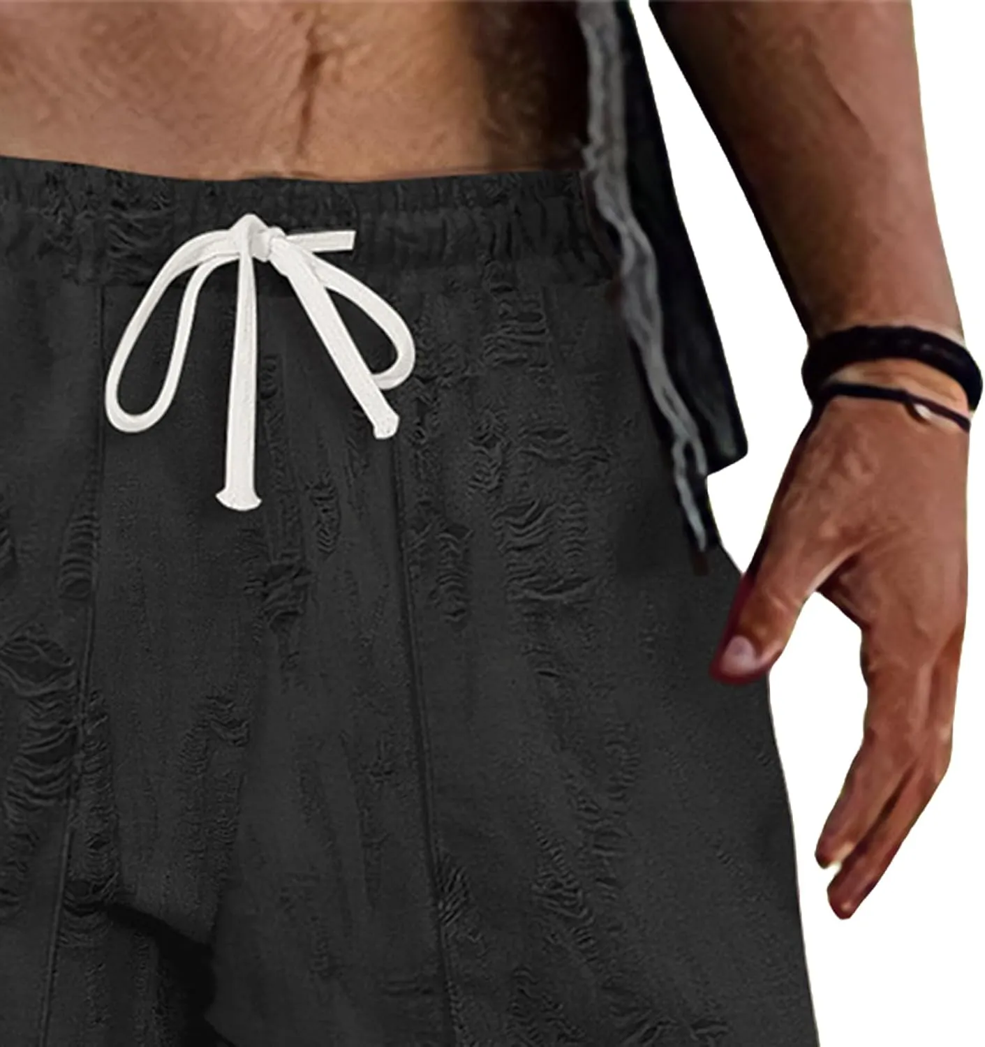Pants for Men Hole Distressed Straight Elastic Waist Drawstring Beach Yoga Travel Lounge Pants Slacks Trousers