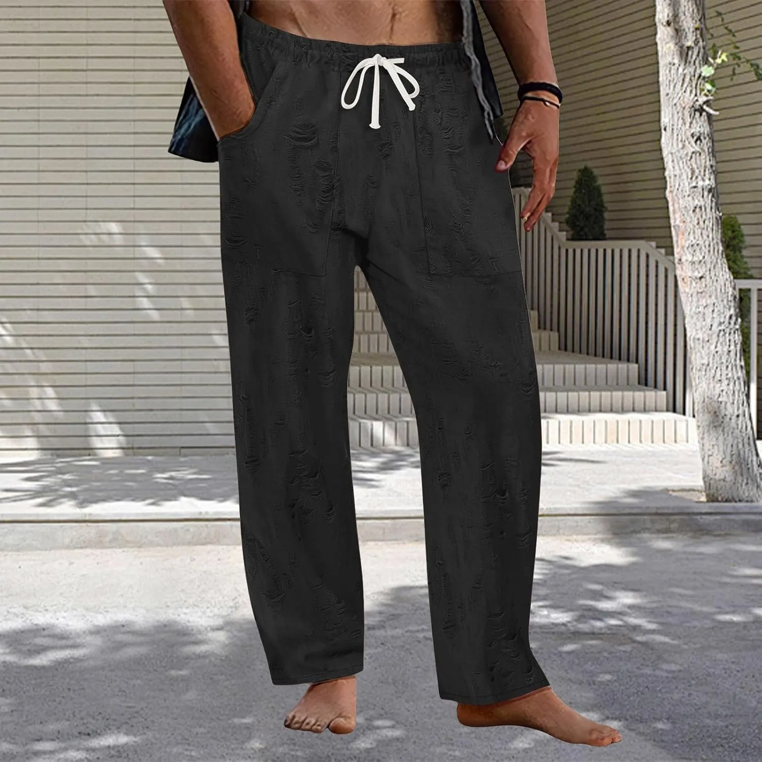 Pants for Men Hole Distressed Straight Elastic Waist Drawstring Beach Yoga Travel Lounge Pants Slacks Trousers