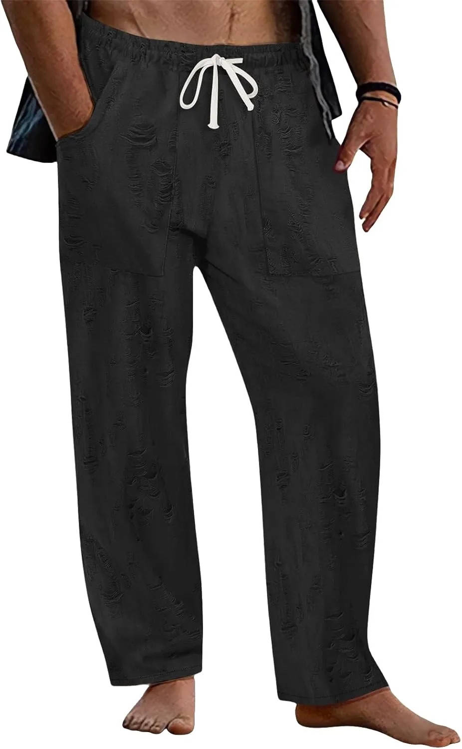 Pants for Men Hole Distressed Straight Elastic Waist Drawstring Beach Yoga Travel Lounge Pants Slacks Trousers