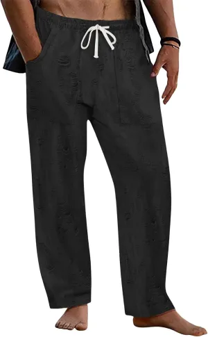 Pants for Men Hole Distressed Straight Elastic Waist Drawstring Beach Yoga Travel Lounge Pants Slacks Trousers
