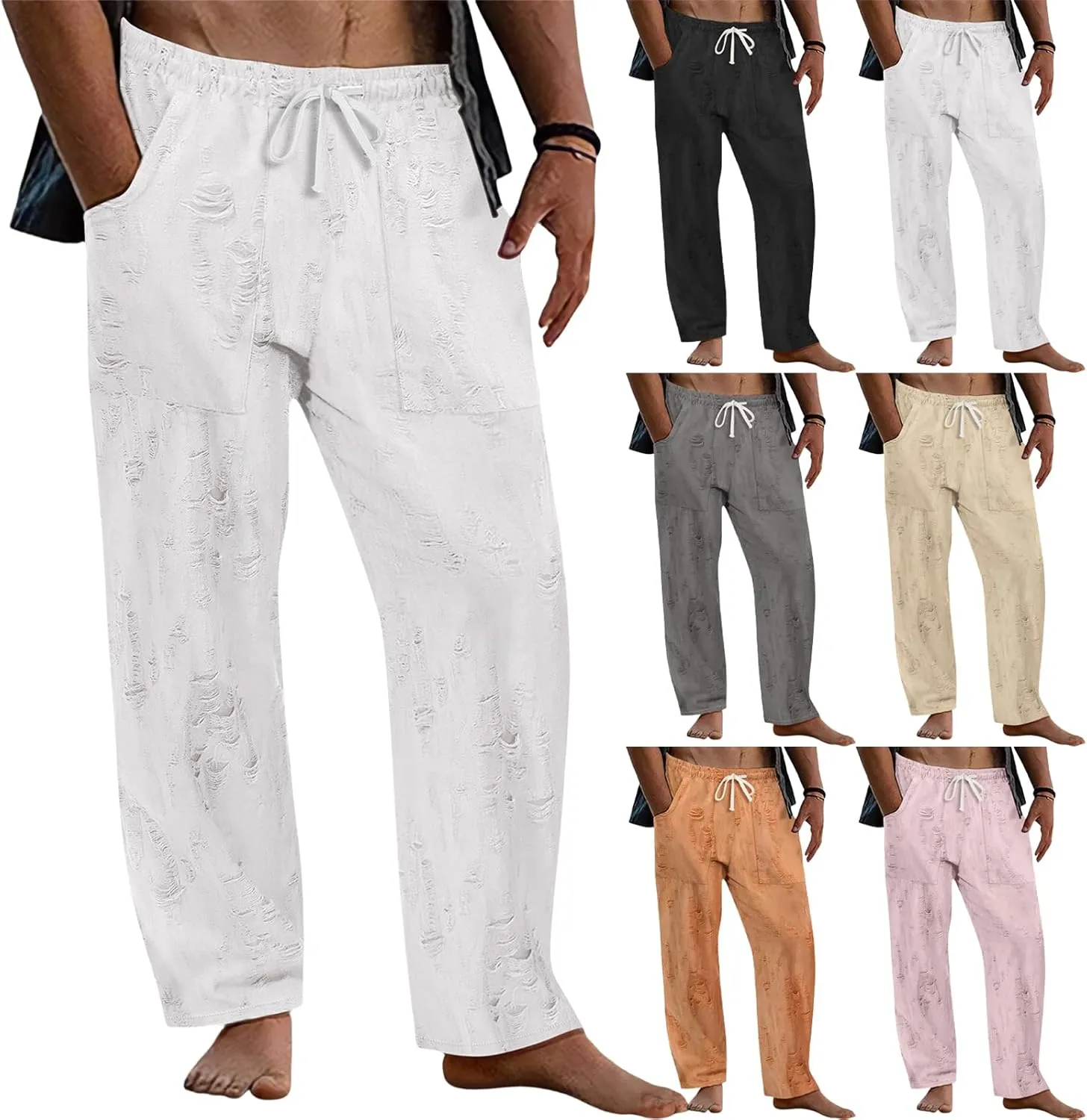 Pants for Men Hole Distressed Straight Elastic Waist Drawstring Beach Yoga Travel Lounge Pants Slacks Trousers