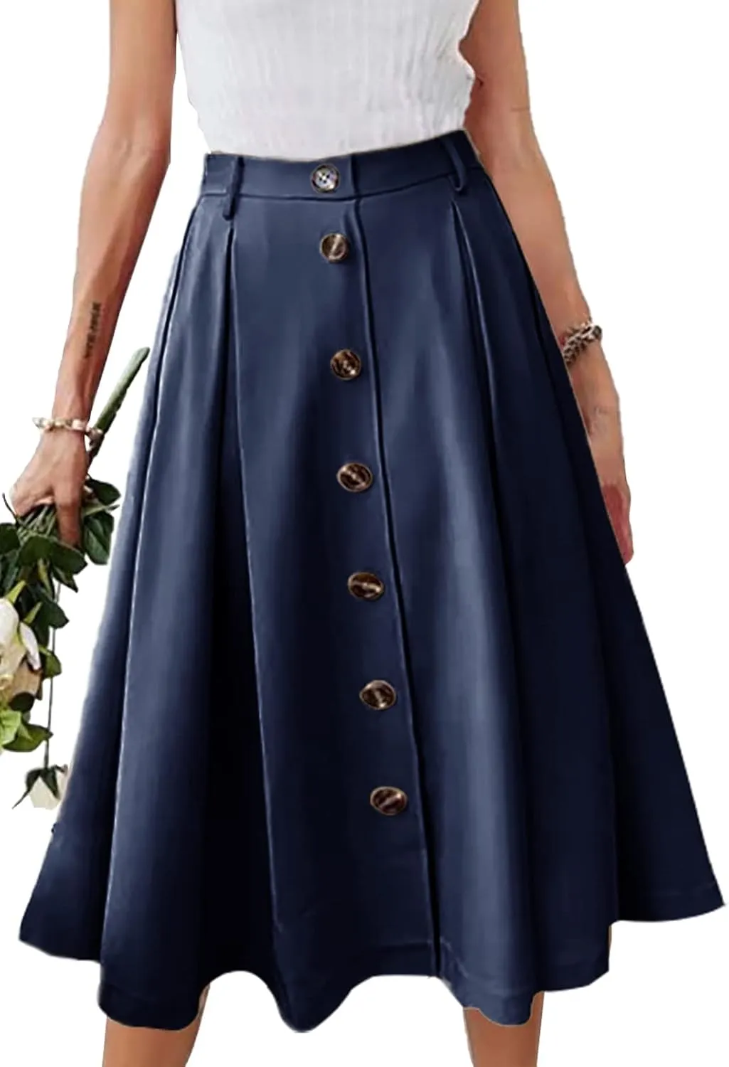 Pleated A-line Midi Skirt Elastic Waist Button Front Casual Flared Long Skirts with Pocket for Women