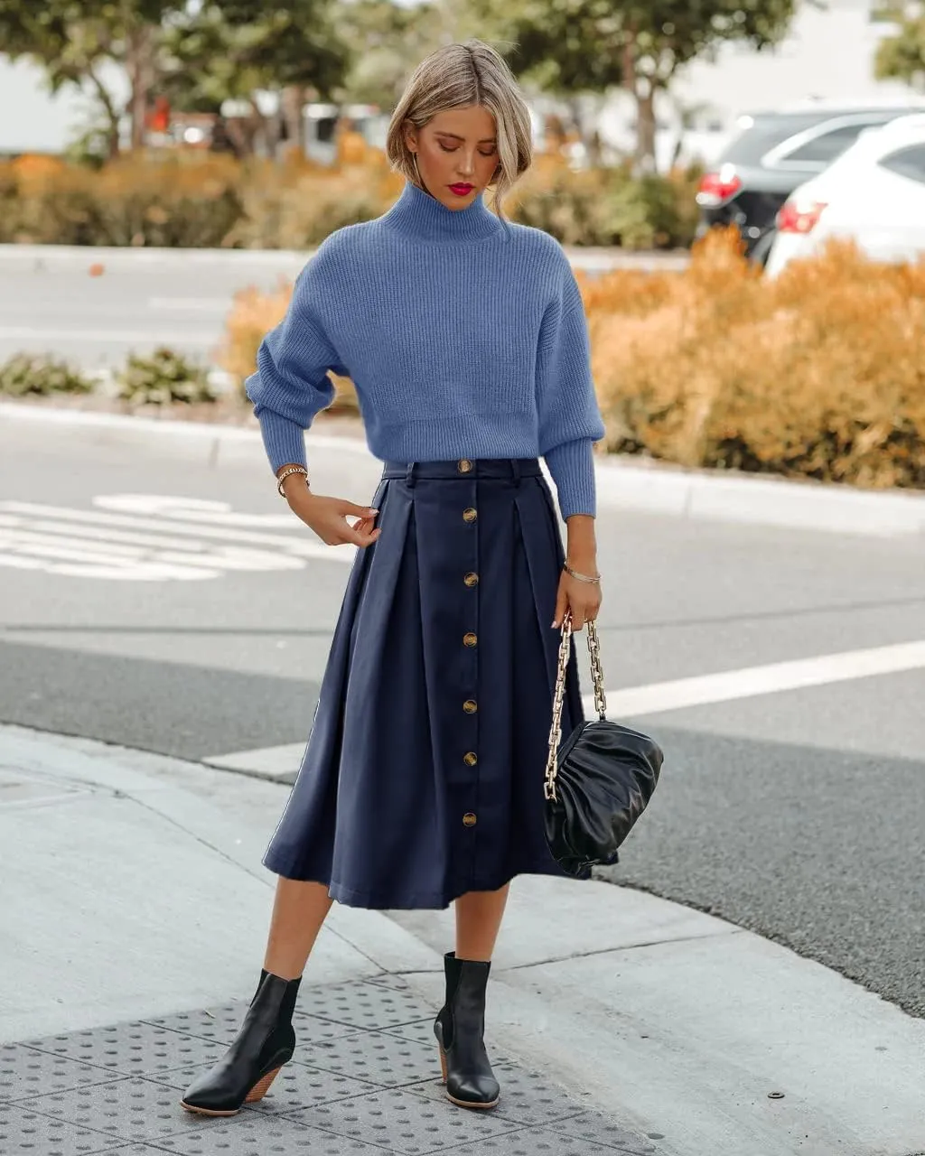 Pleated A-line Midi Skirt Elastic Waist Button Front Casual Flared Long Skirts with Pocket for Women