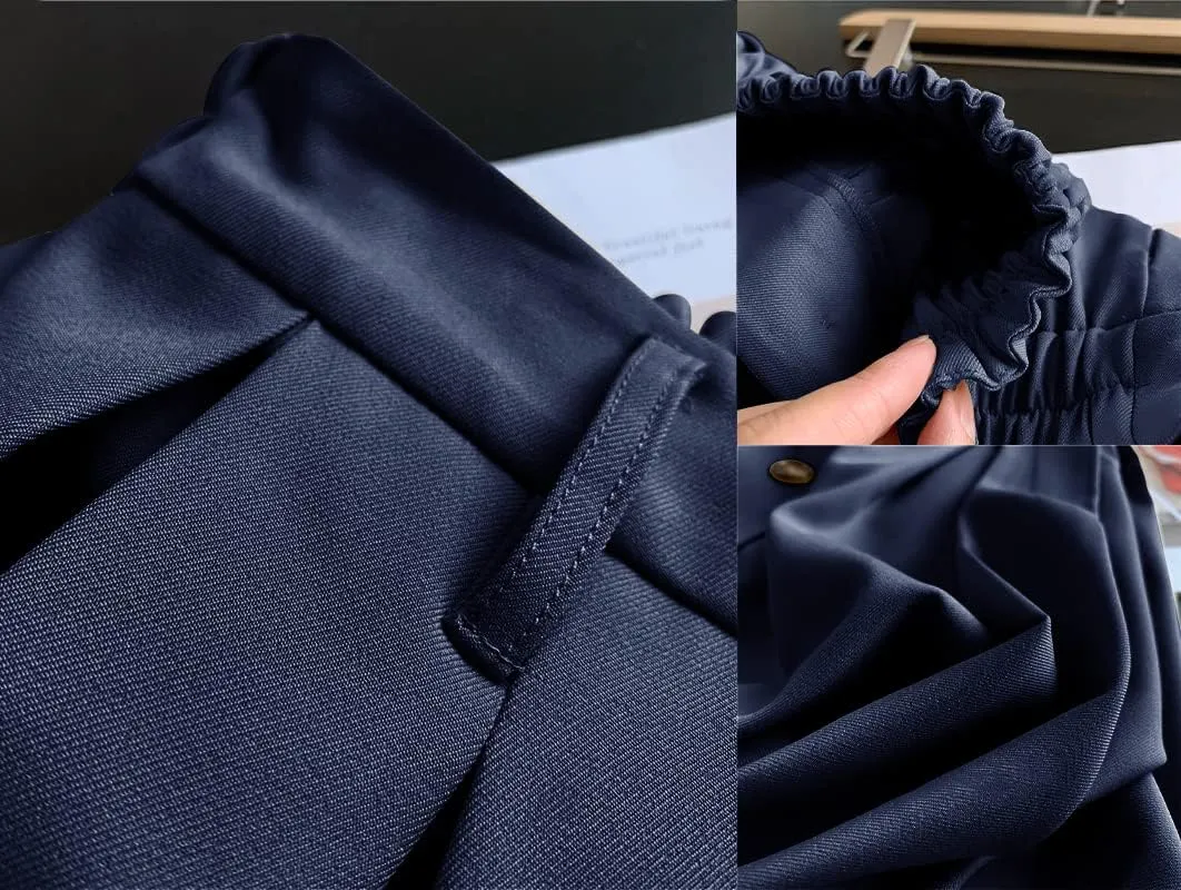 Pleated A-line Midi Skirt Elastic Waist Button Front Casual Flared Long Skirts with Pocket for Women