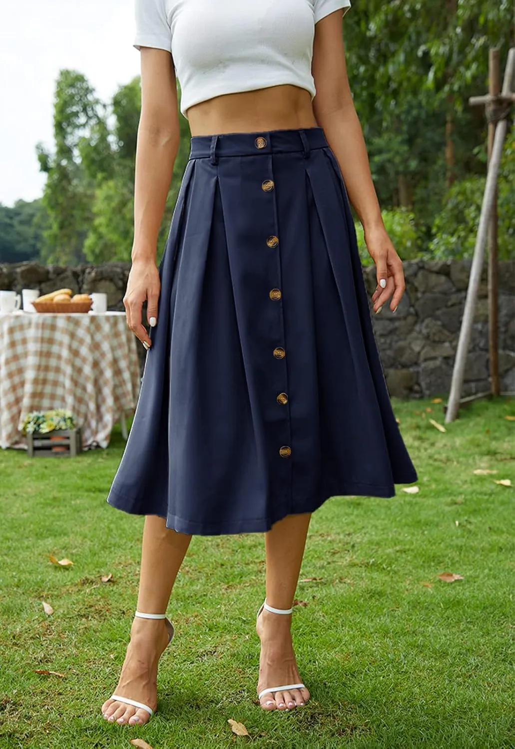 Pleated A-line Midi Skirt Elastic Waist Button Front Casual Flared Long Skirts with Pocket for Women