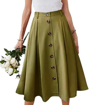 Pleated A-line Midi Skirt Elastic Waist Button Front Casual Flared Long Skirts with Pocket for Women