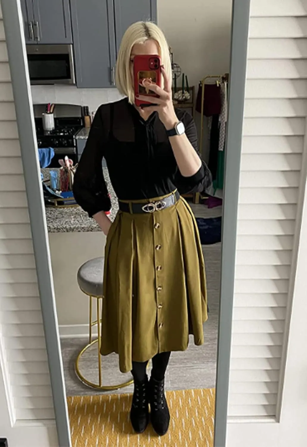 Pleated A-line Midi Skirt Elastic Waist Button Front Casual Flared Long Skirts with Pocket for Women